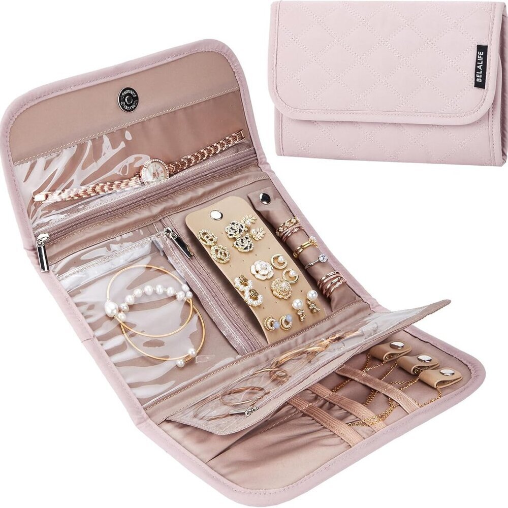 Travel Jewelry Case Organizer, Foldable Storage Roll for Earrings, Necklaces, Ri